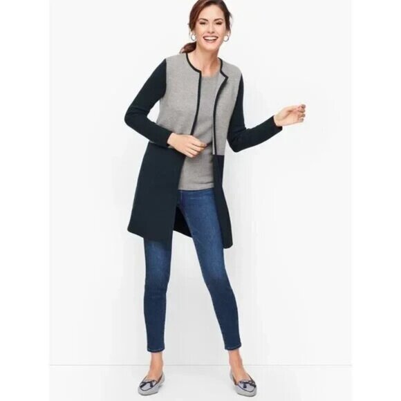 Perfect Talbots Sweater Jacket Women's Colorblock Merino Wool work Open size L - Picture 3 of 7